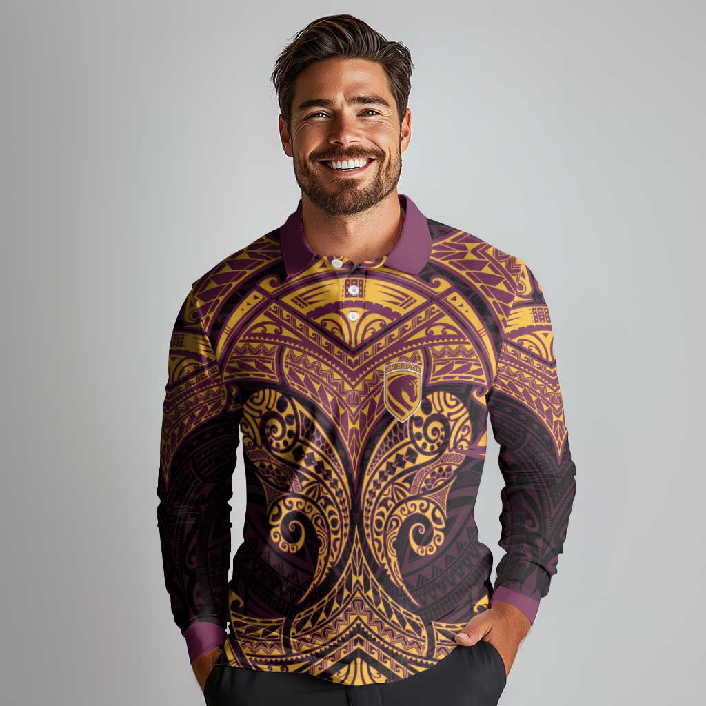Personalized Brisbane Broncos Long Sleeve Polo Shirt Polynesian Tribal Pattern Style
