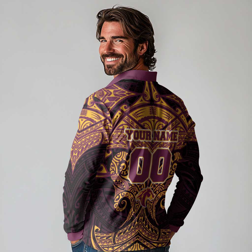 Personalized Brisbane Broncos Long Sleeve Polo Shirt Polynesian Tribal Pattern Style