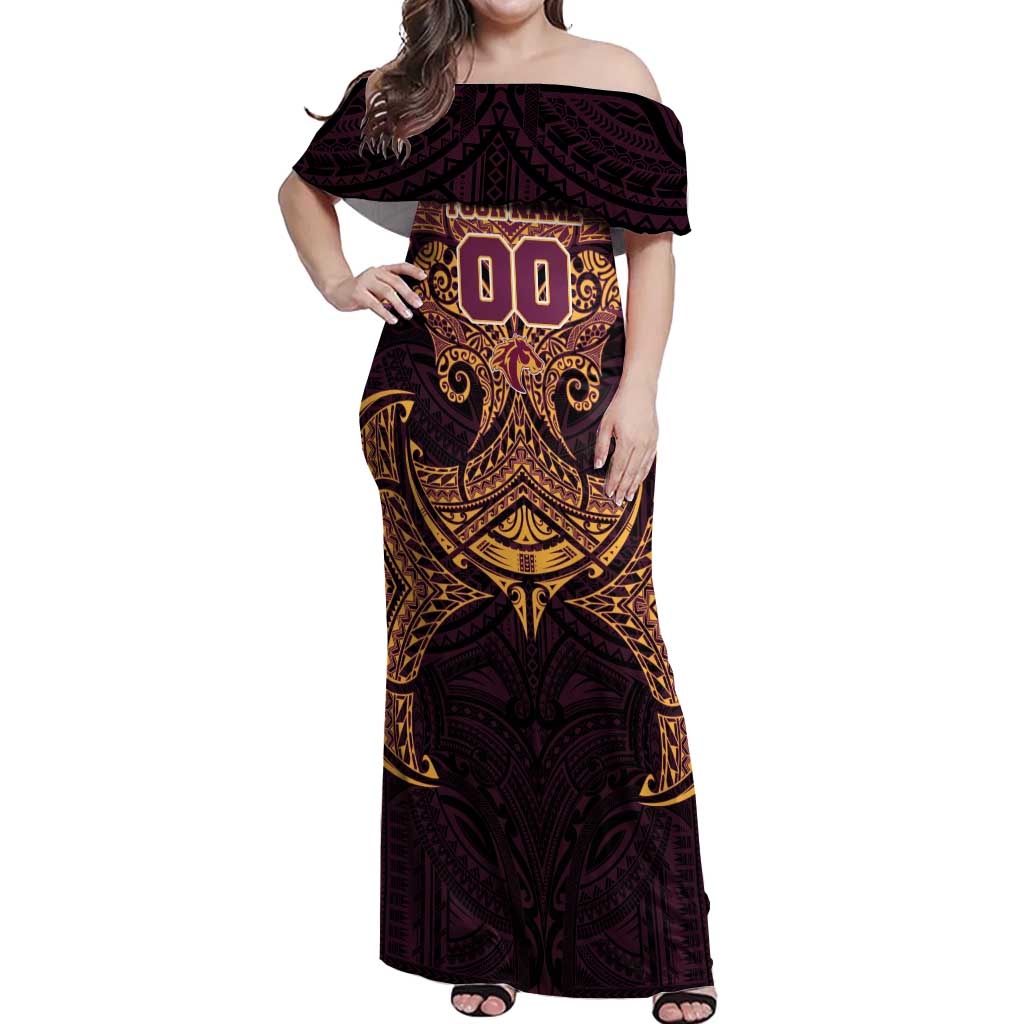 Personalized Brisbane Broncos Off Shoulder Maxi Dress Polynesian Tribal Pattern Style
