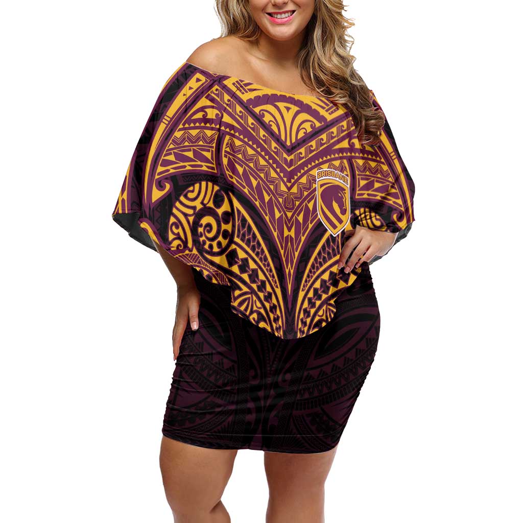 Personalized Brisbane Broncos Off Shoulder Short Dress Polynesian Tribal Pattern Style