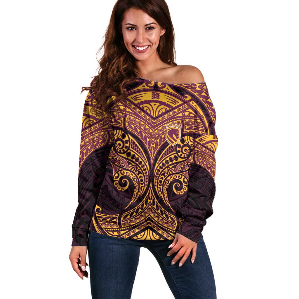 Personalized Brisbane Broncos Off Shoulder Sweater Polynesian Tribal Pattern Style