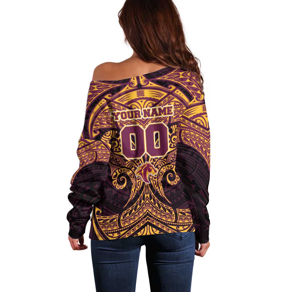 Personalized Brisbane Broncos Off Shoulder Sweater Polynesian Tribal Pattern Style