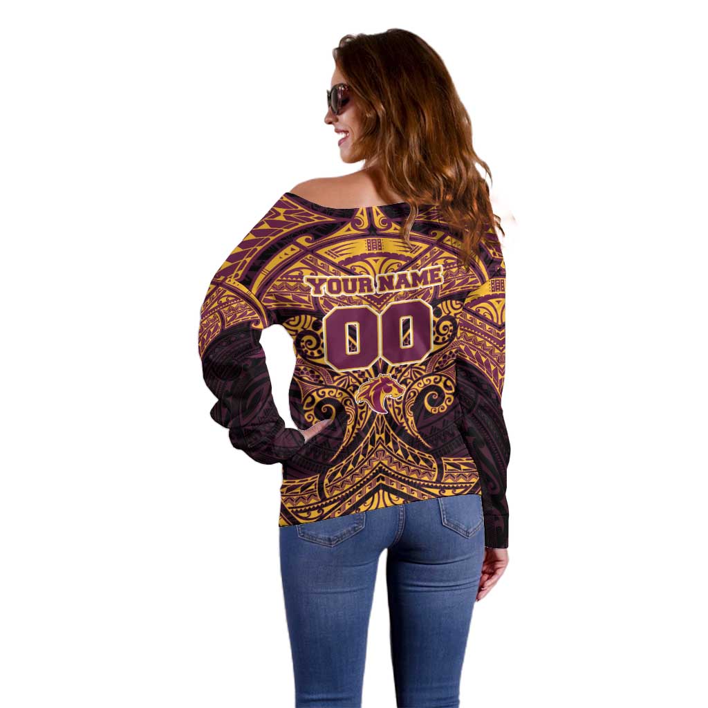 Personalized Brisbane Broncos Off Shoulder Sweater Polynesian Tribal Pattern Style