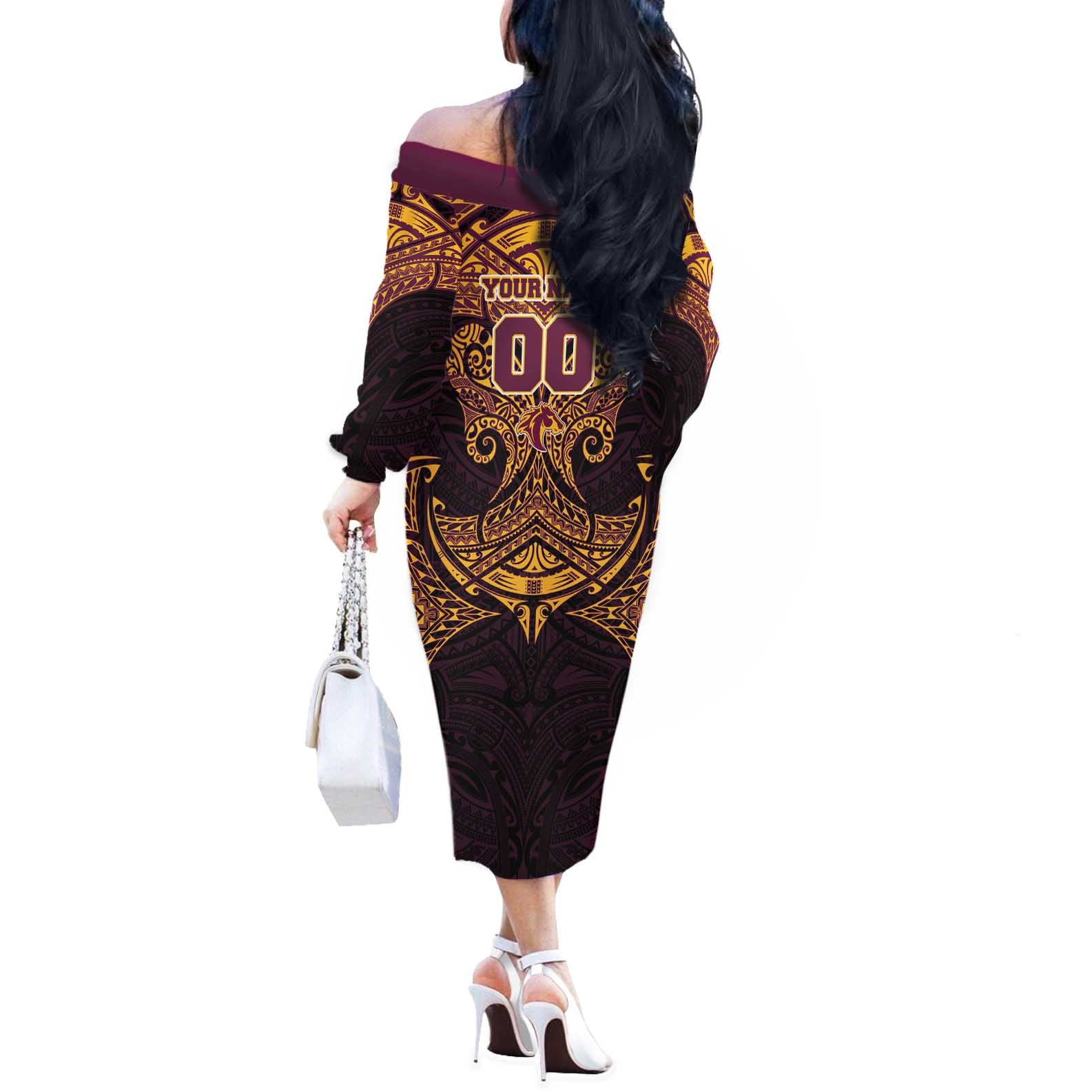 Personalized Brisbane Broncos Off The Shoulder Long Sleeve Dress Polynesian Tribal Pattern Style