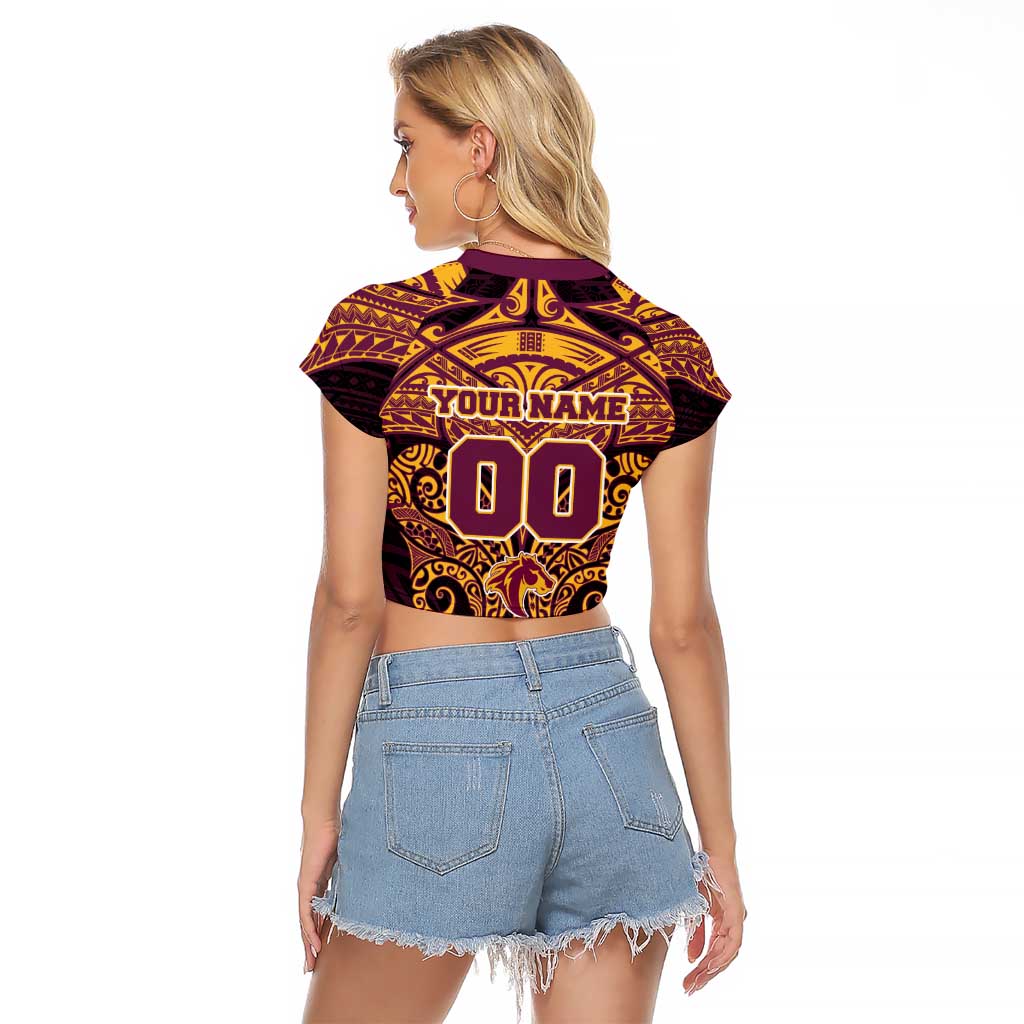 Personalized Brisbane Broncos Raglan Cropped T Shirt Polynesian Tribal Pattern Style