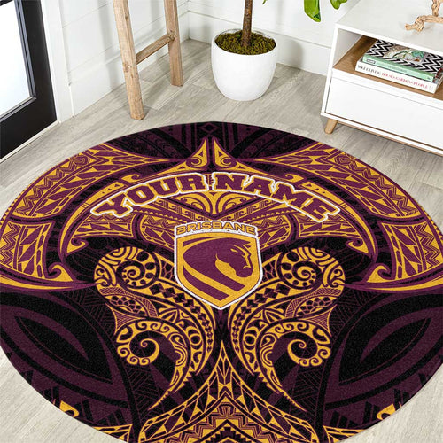 Personalized Brisbane Broncos Round Carpet Polynesian Tribal Pattern Style