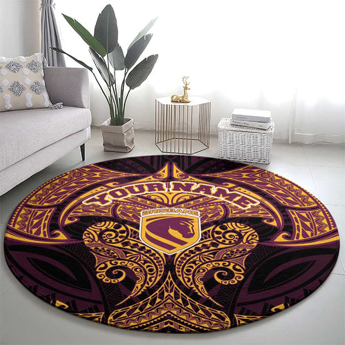 Personalized Brisbane Broncos Round Carpet Polynesian Tribal Pattern Style