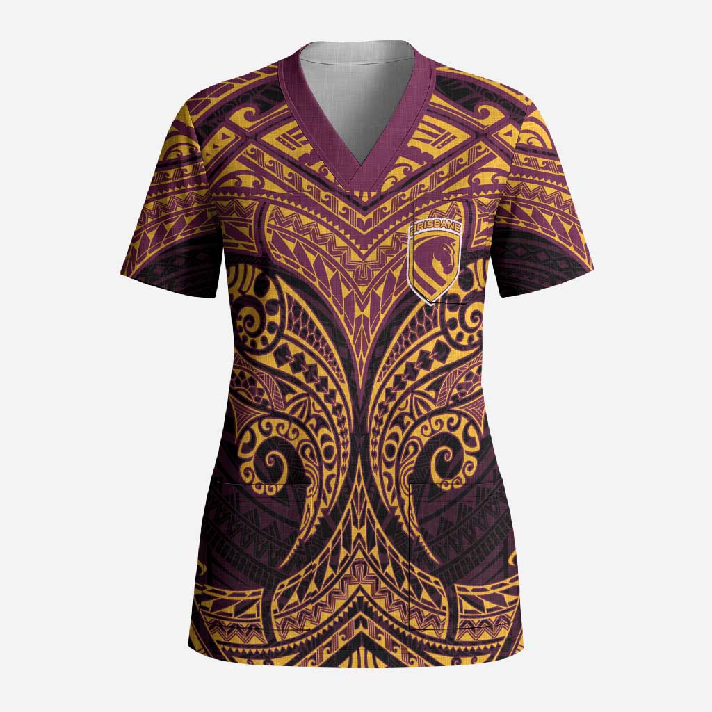 Personalized Brisbane Broncos Scrub Top Polynesian Tribal Pattern Style