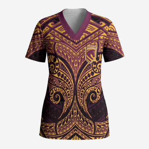 Personalized Brisbane Broncos Scrub Top Polynesian Tribal Pattern Style