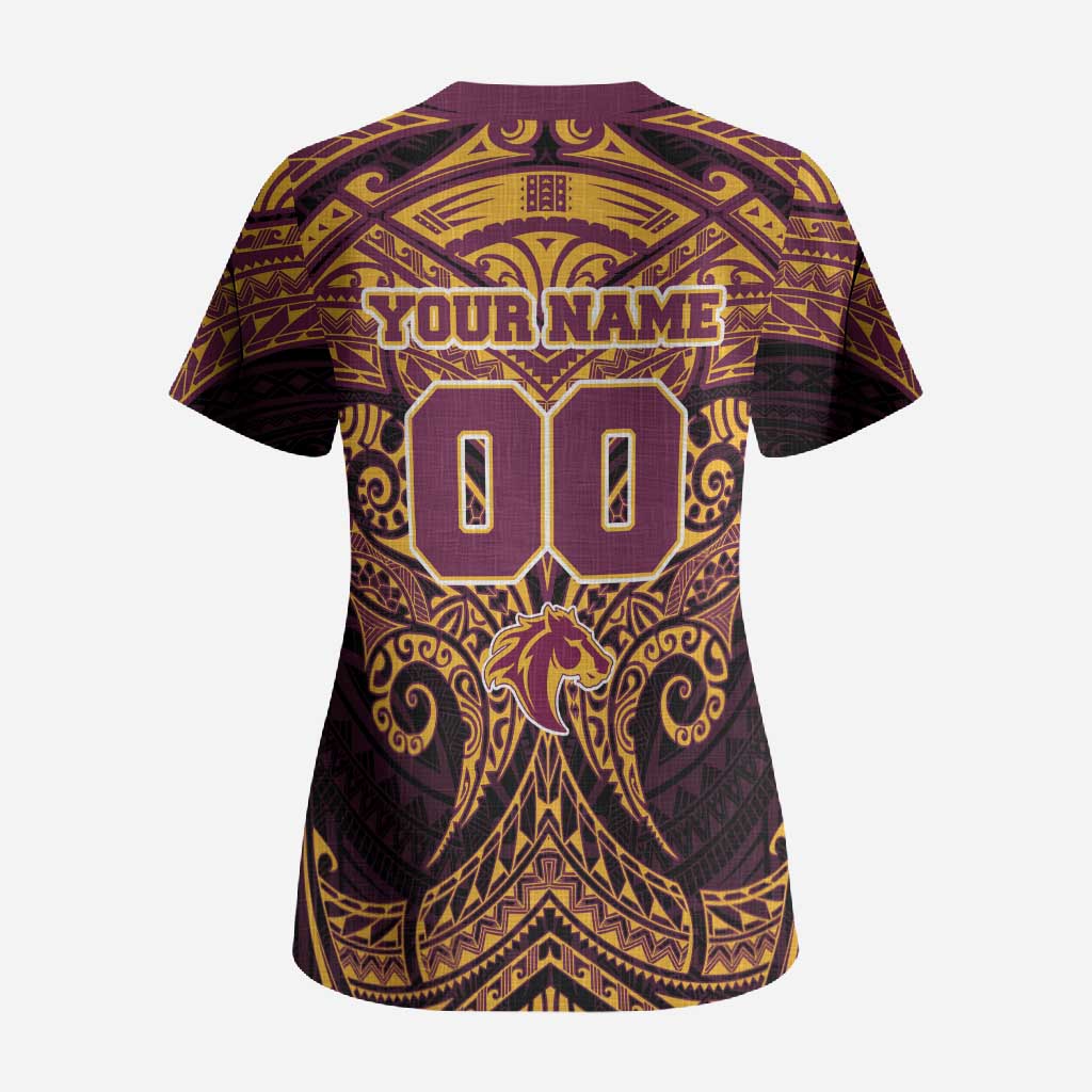 Personalized Brisbane Broncos Scrub Top Polynesian Tribal Pattern Style