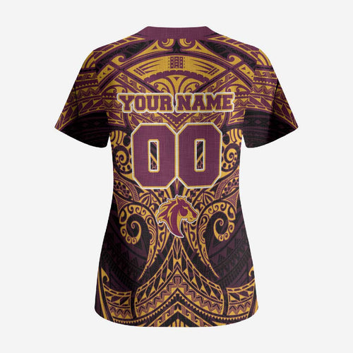 Personalized Brisbane Broncos Scrub Top Polynesian Tribal Pattern Style