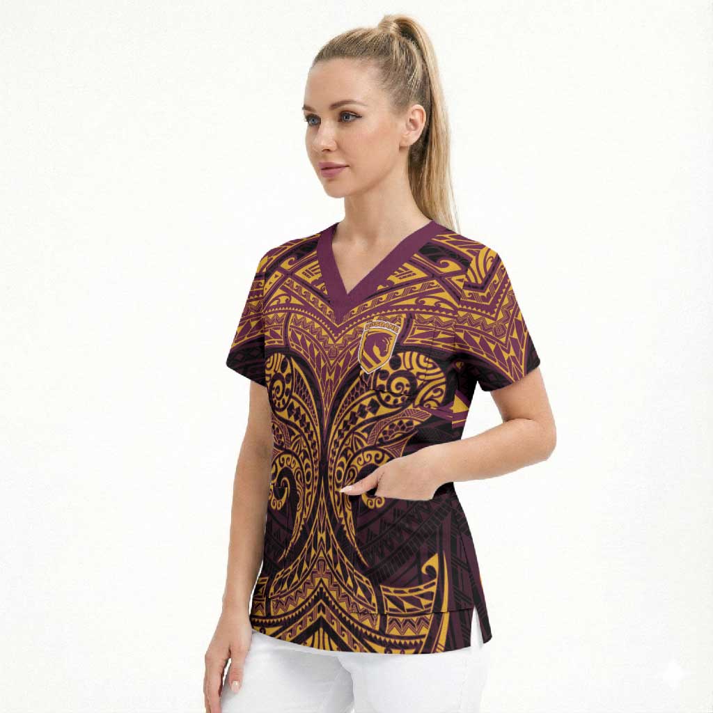 Personalized Brisbane Broncos Scrub Top Polynesian Tribal Pattern Style