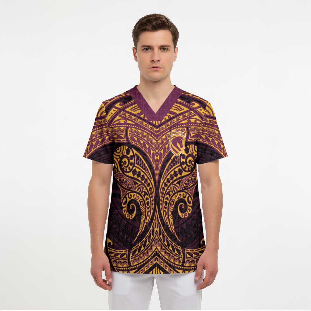Personalized Brisbane Broncos Scrub Top Polynesian Tribal Pattern Style