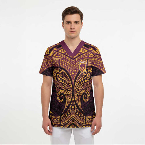 Personalized Brisbane Broncos Scrub Top Polynesian Tribal Pattern Style