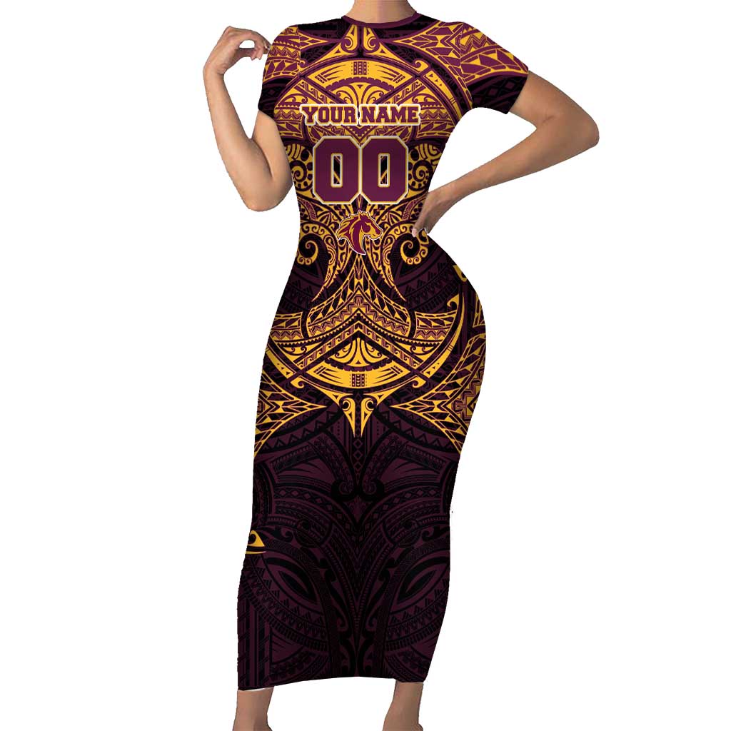 Personalized Brisbane Broncos Short Sleeve Bodycon Dress Polynesian Tribal Pattern Style