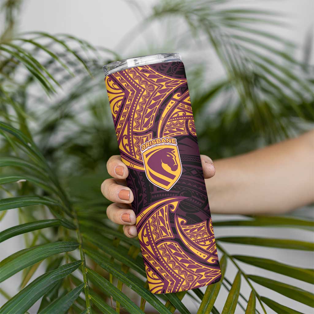 Personalized Brisbane Broncos Skinny Tumbler Polynesian Tribal Pattern Style