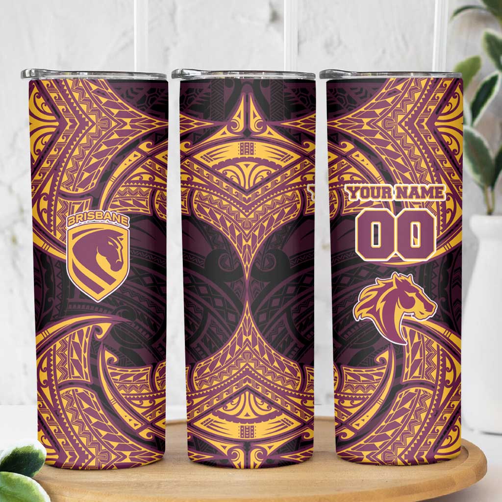 Personalized Brisbane Broncos Skinny Tumbler Polynesian Tribal Pattern Style