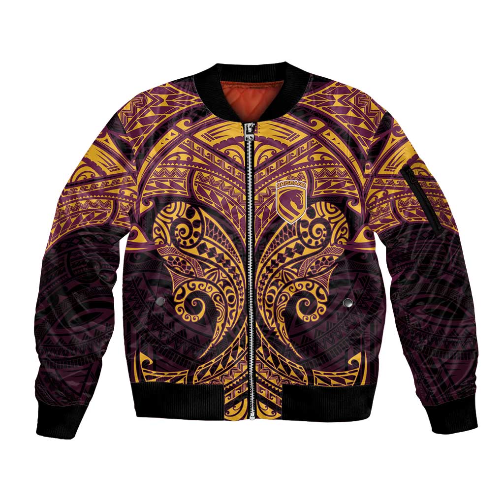 Personalized Brisbane Broncos Sleeve Zip Bomber Jacket Polynesian Tribal Pattern Style