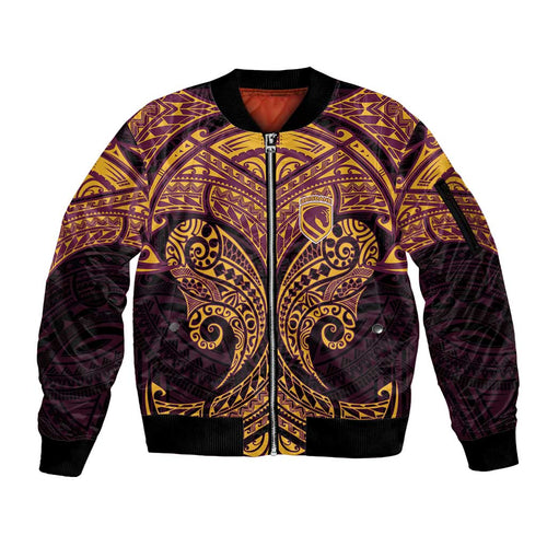 Personalized Brisbane Broncos Sleeve Zip Bomber Jacket Polynesian Tribal Pattern Style