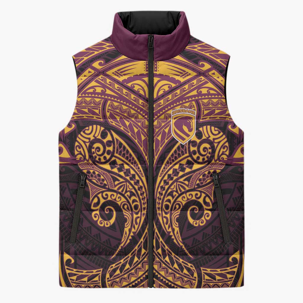 Personalized Brisbane Broncos Sleeveless Puffer Jacket Polynesian Tribal Pattern Style