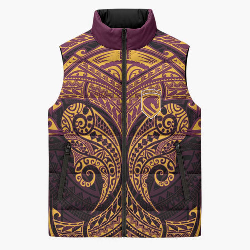 Personalized Brisbane Broncos Sleeveless Puffer Jacket Polynesian Tribal Pattern Style