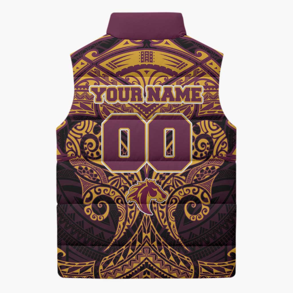 Personalized Brisbane Broncos Sleeveless Puffer Jacket Polynesian Tribal Pattern Style