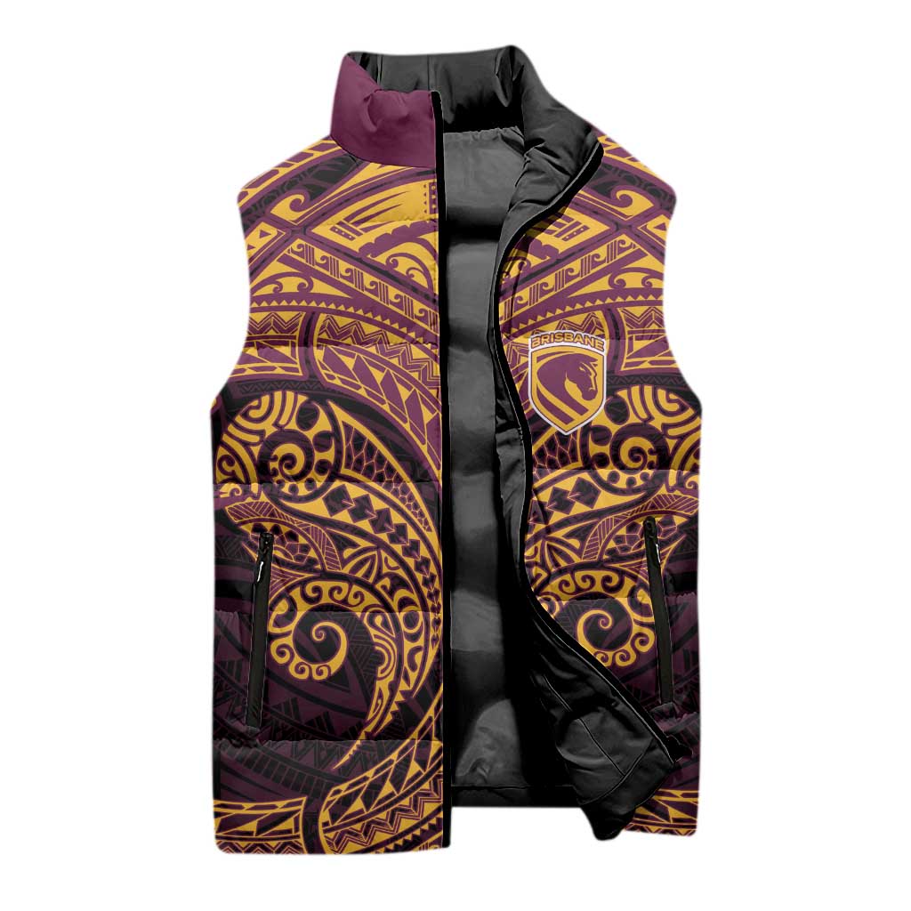 Personalized Brisbane Broncos Sleeveless Puffer Jacket Polynesian Tribal Pattern Style