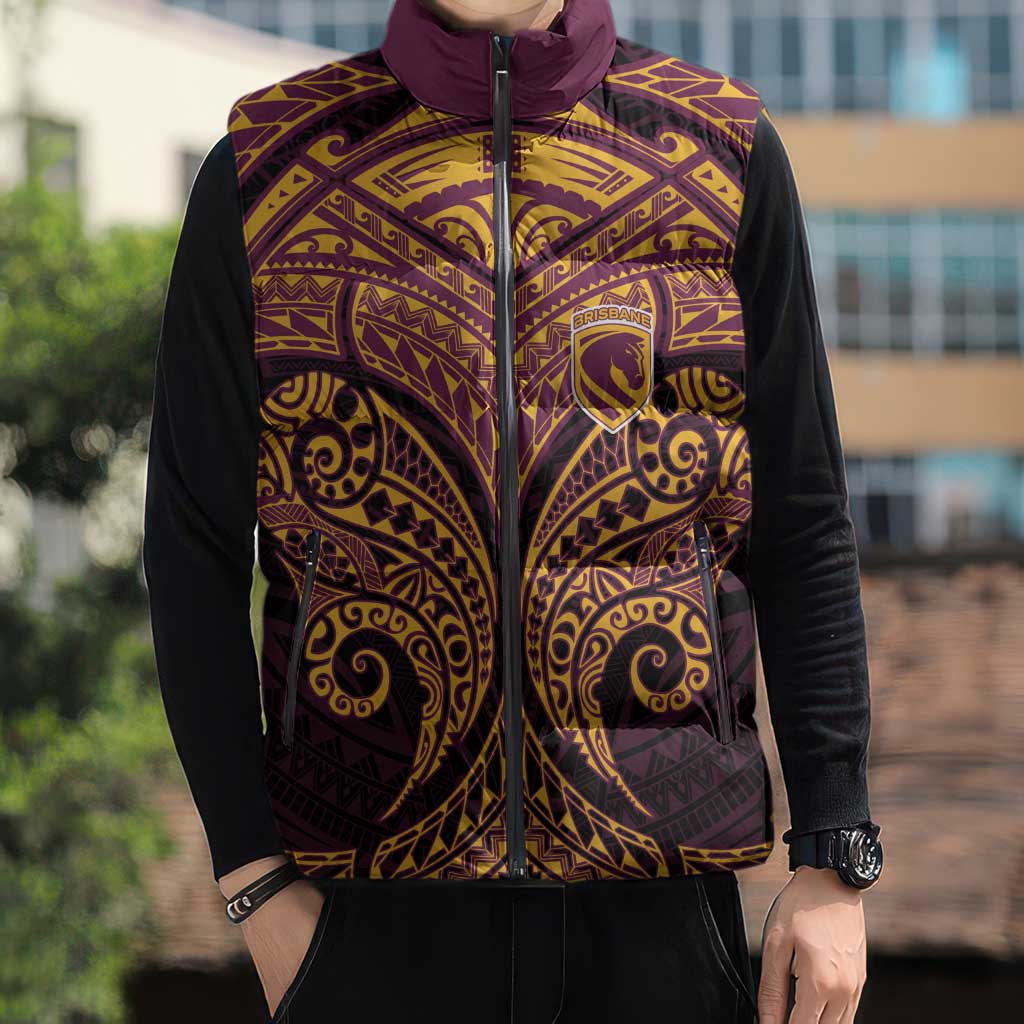 Personalized Brisbane Broncos Sleeveless Puffer Jacket Polynesian Tribal Pattern Style