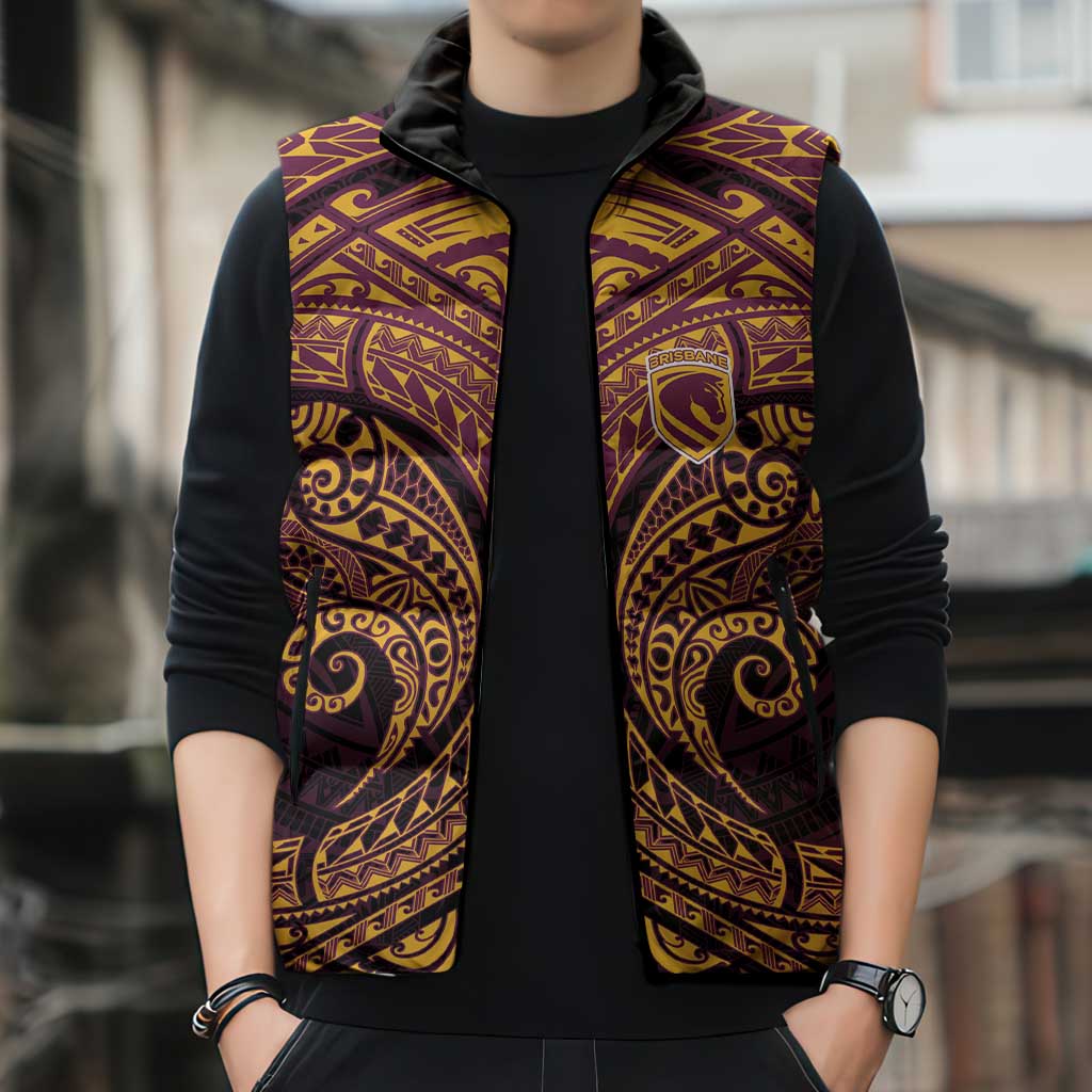 Personalized Brisbane Broncos Sleeveless Puffer Jacket Polynesian Tribal Pattern Style