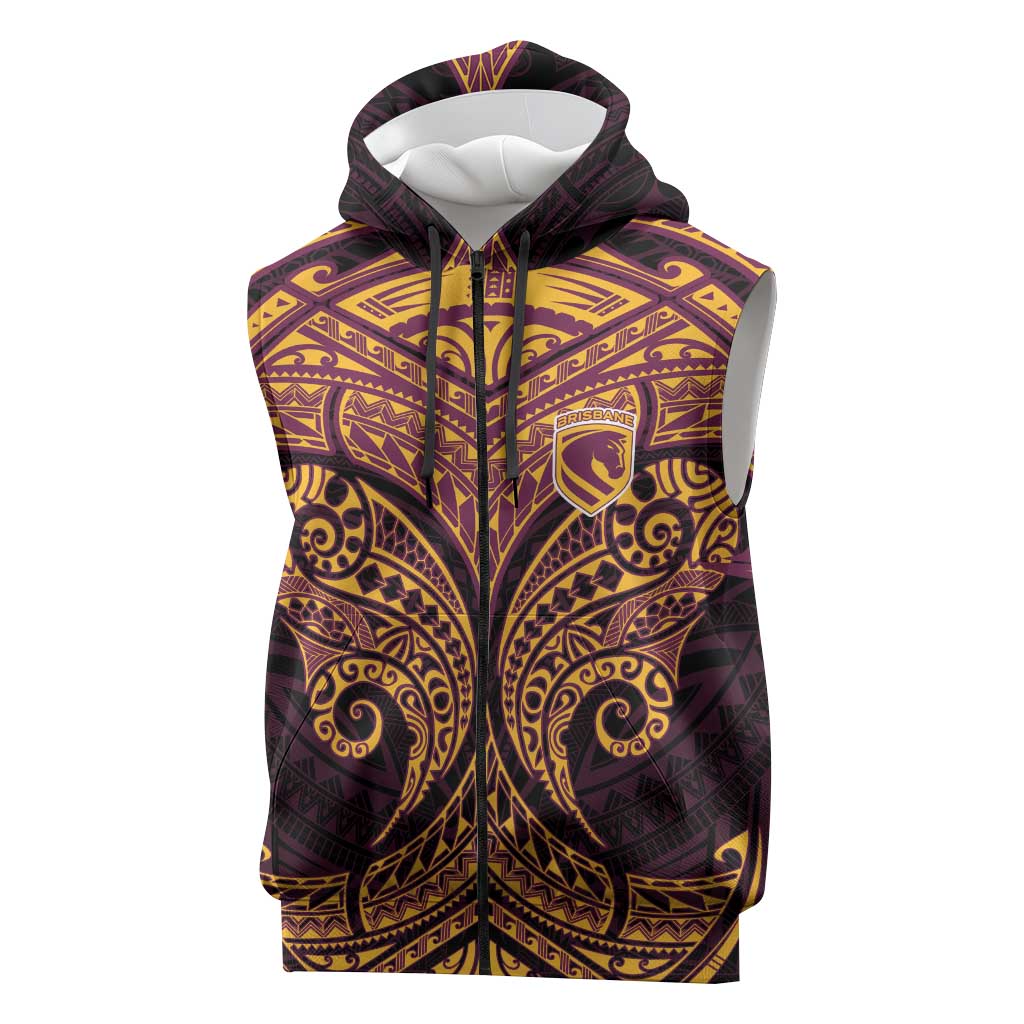Personalized Brisbane Broncos Sleeveless Zip Hoodie Polynesian Tribal Pattern Style