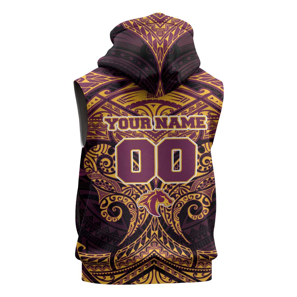 Personalized Brisbane Broncos Sleeveless Zip Hoodie Polynesian Tribal Pattern Style