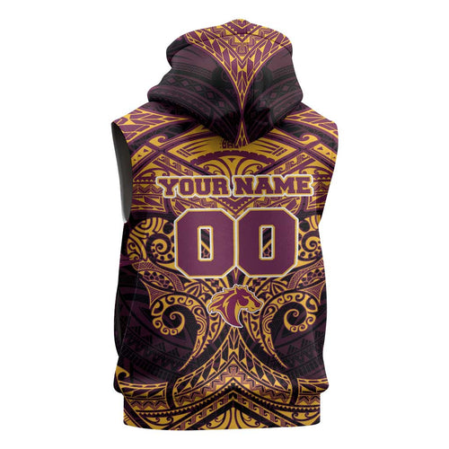 Personalized Brisbane Broncos Sleeveless Zip Hoodie Polynesian Tribal Pattern Style