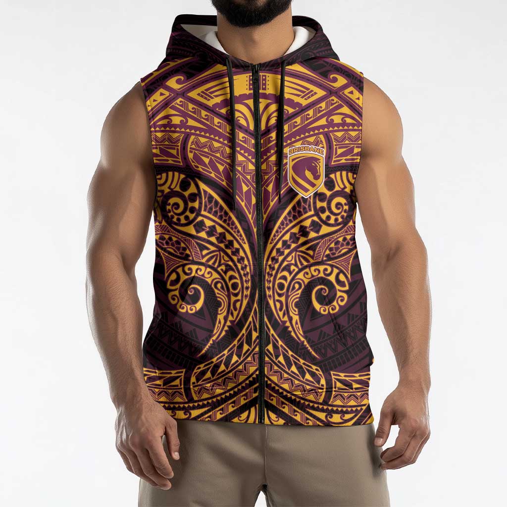 Personalized Brisbane Broncos Sleeveless Zip Hoodie Polynesian Tribal Pattern Style