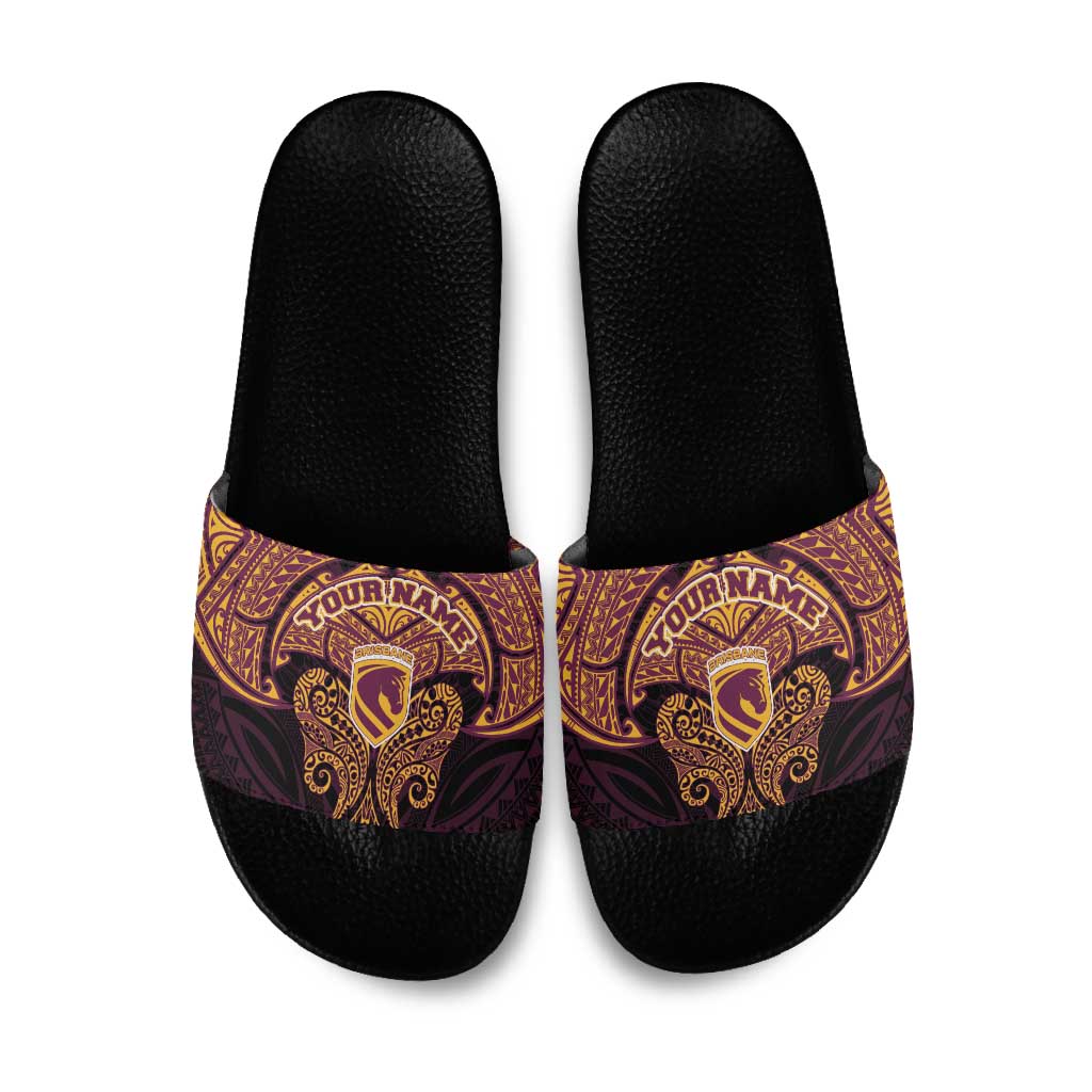 Personalized Brisbane Broncos Slide Sandals Polynesian Tribal Pattern Style