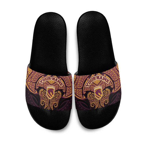 Personalized Brisbane Broncos Slide Sandals Polynesian Tribal Pattern Style
