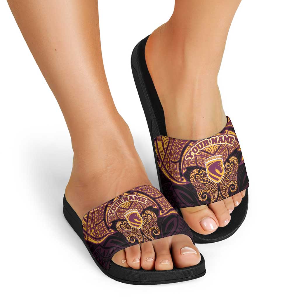 Personalized Brisbane Broncos Slide Sandals Polynesian Tribal Pattern Style