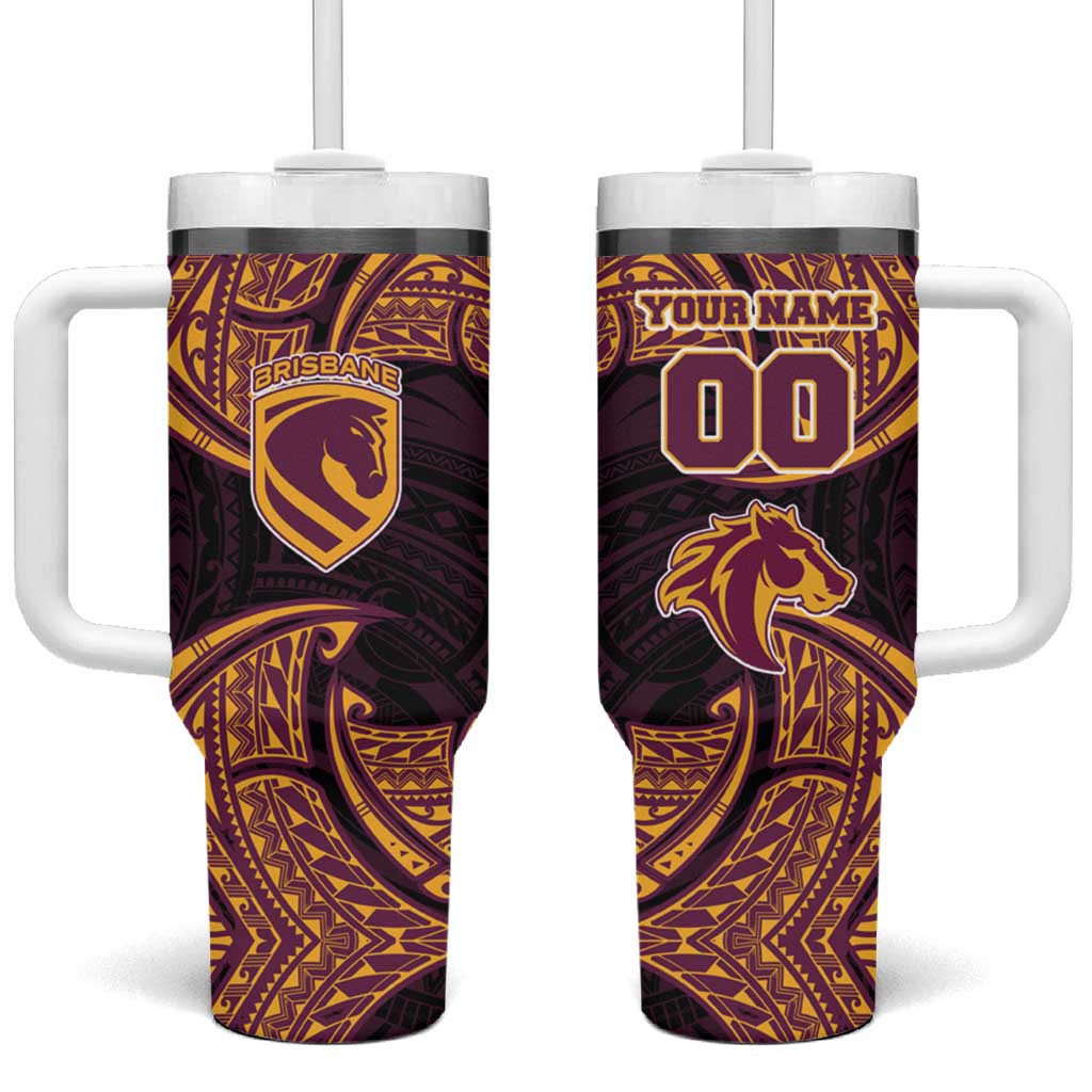 Personalized Brisbane Broncos Tumbler With Handle Polynesian Tribal Pattern Style