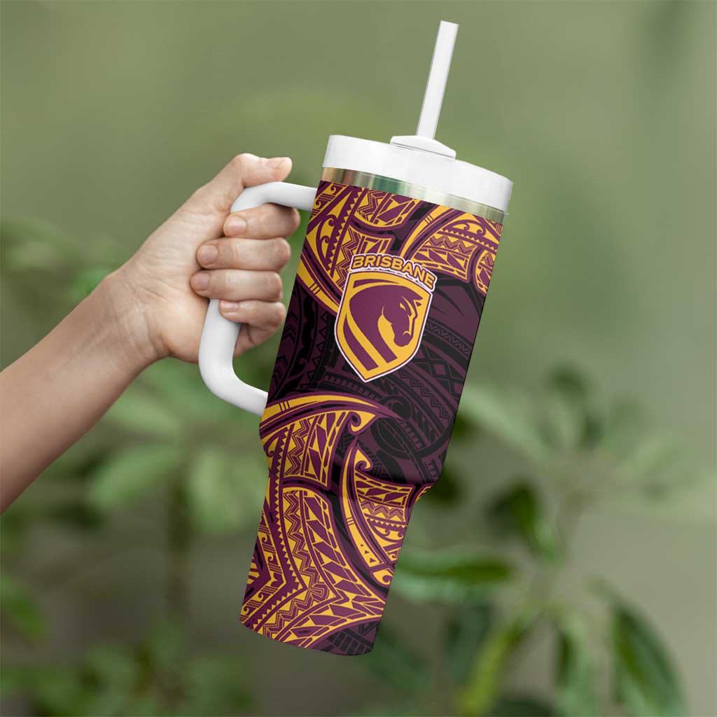 Personalized Brisbane Broncos Tumbler With Handle Polynesian Tribal Pattern Style