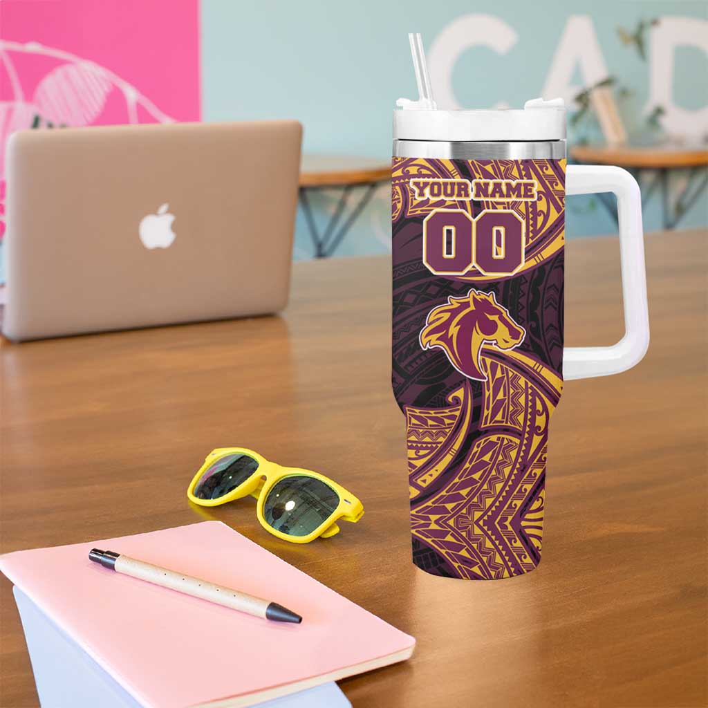 Personalized Brisbane Broncos Tumbler With Handle Polynesian Tribal Pattern Style