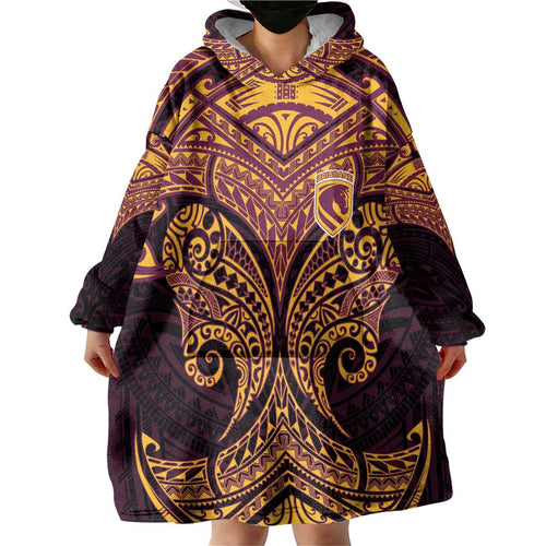 Personalized Brisbane Broncos Wearable Blanket Hoodie Polynesian Tribal Pattern Style