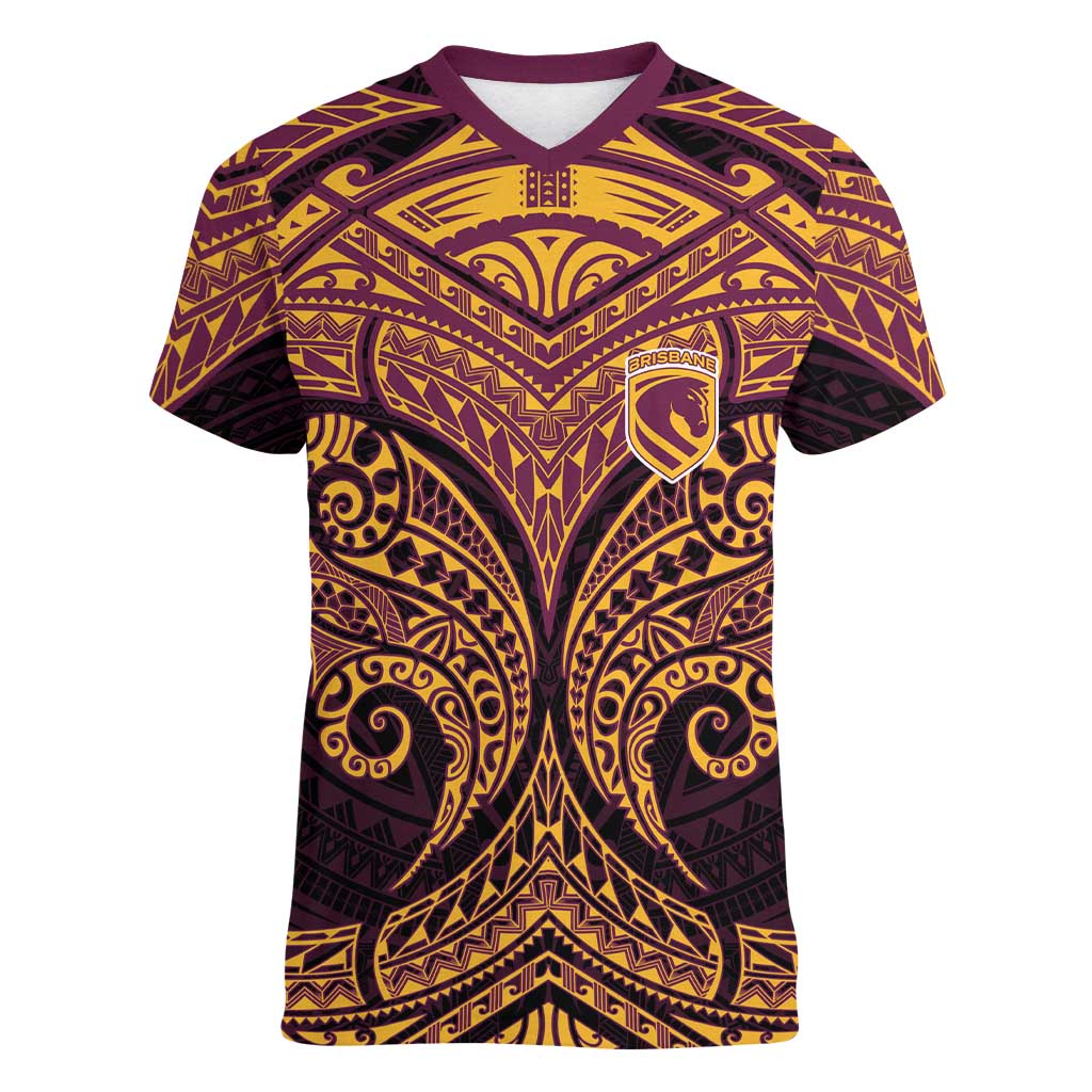 Personalized Brisbane Broncos Women V-Neck T-Shirt Polynesian Tribal Pattern Style