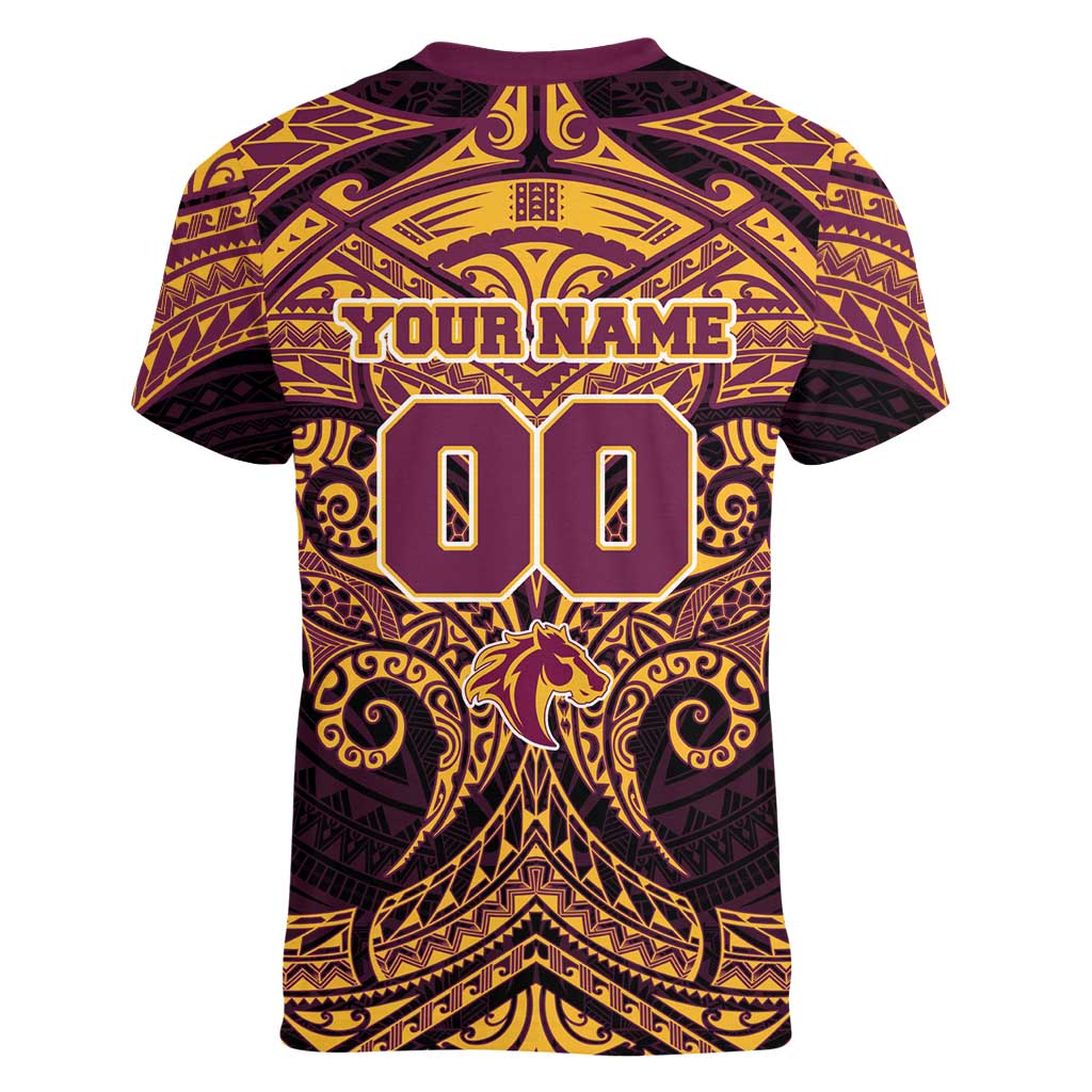 Personalized Brisbane Broncos Women V-Neck T-Shirt Polynesian Tribal Pattern Style