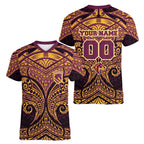 Personalized Brisbane Broncos Women V-Neck T-Shirt Polynesian Tribal Pattern Style