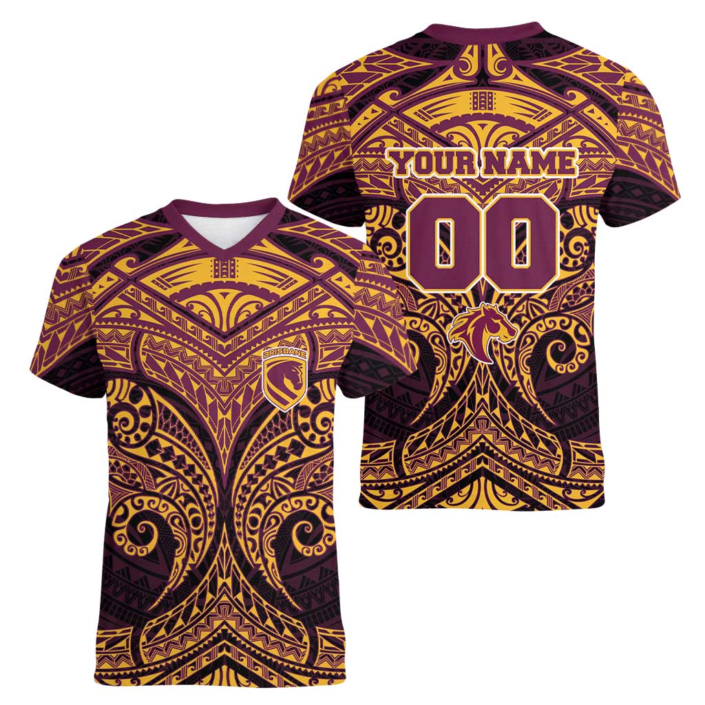 Personalized Brisbane Broncos Women V-Neck T-Shirt Polynesian Tribal Pattern Style
