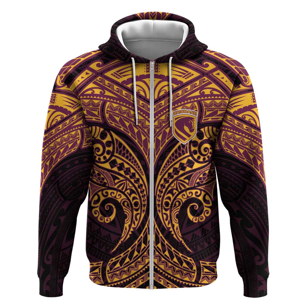 Personalized Brisbane Broncos Zip Hoodie Polynesian Tribal Pattern Style