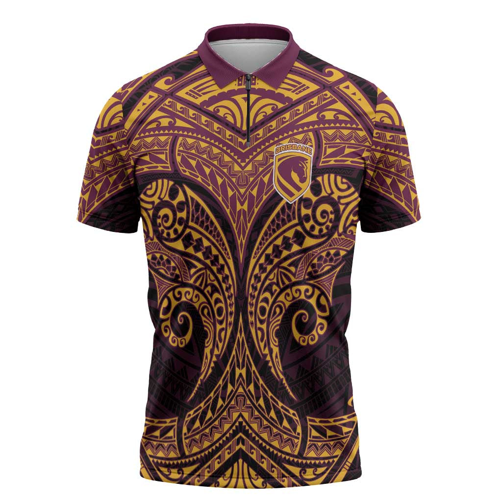 Personalized Brisbane Broncos Zipper Polo Shirt Polynesian Tribal Pattern Style