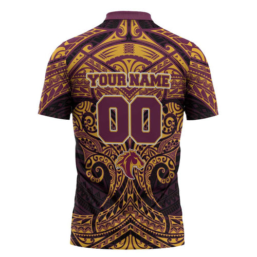 Personalized Brisbane Broncos Zipper Polo Shirt Polynesian Tribal Pattern Style