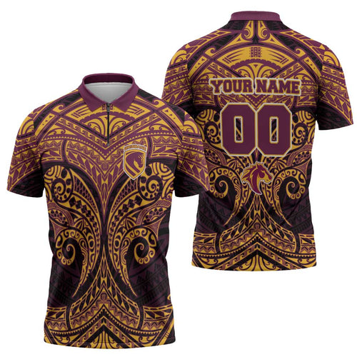 Personalized Brisbane Broncos Zipper Polo Shirt Polynesian Tribal Pattern Style