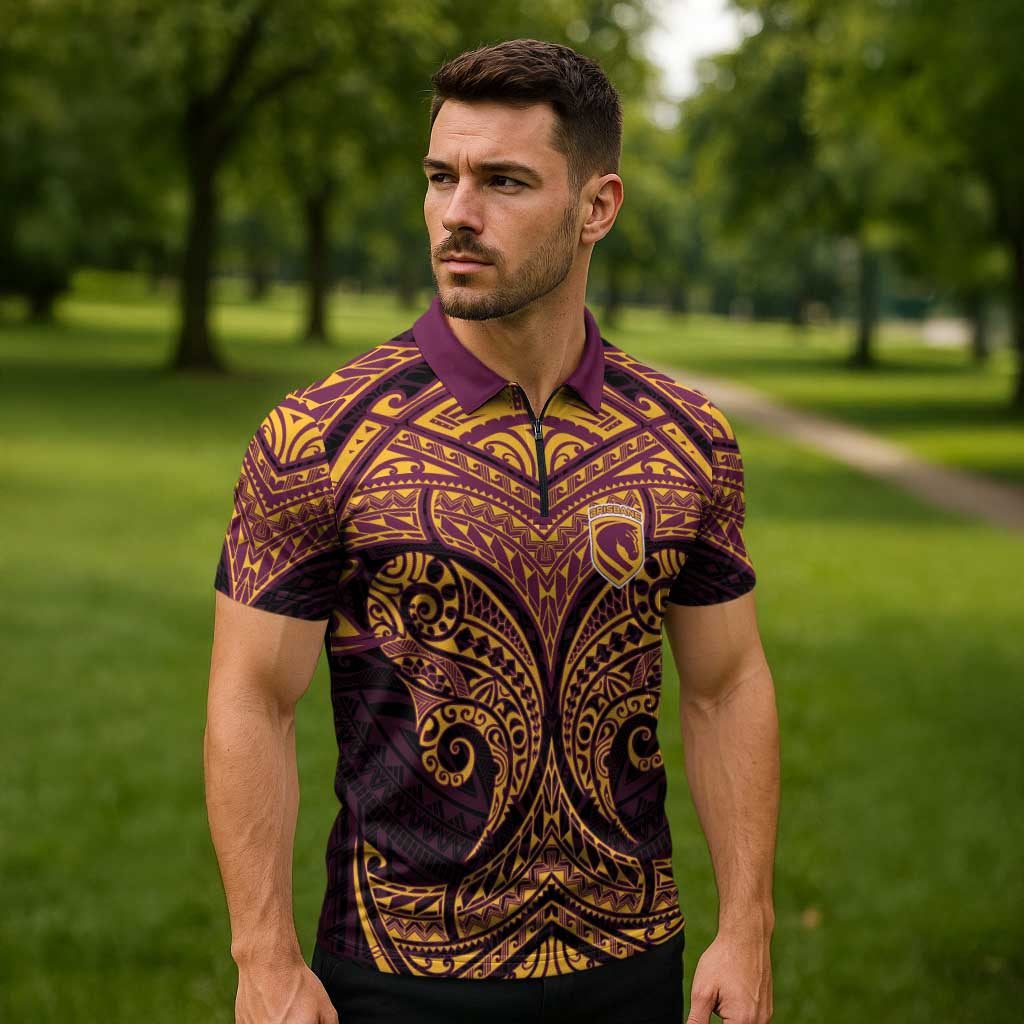 Personalized Brisbane Broncos Zipper Polo Shirt Polynesian Tribal Pattern Style