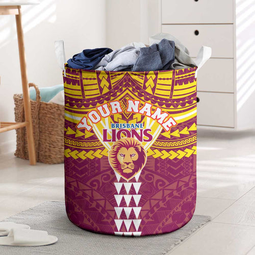 Personalized Brisbane Lions Laundry Basket Polynesian Tribal Pattern Heritage Football